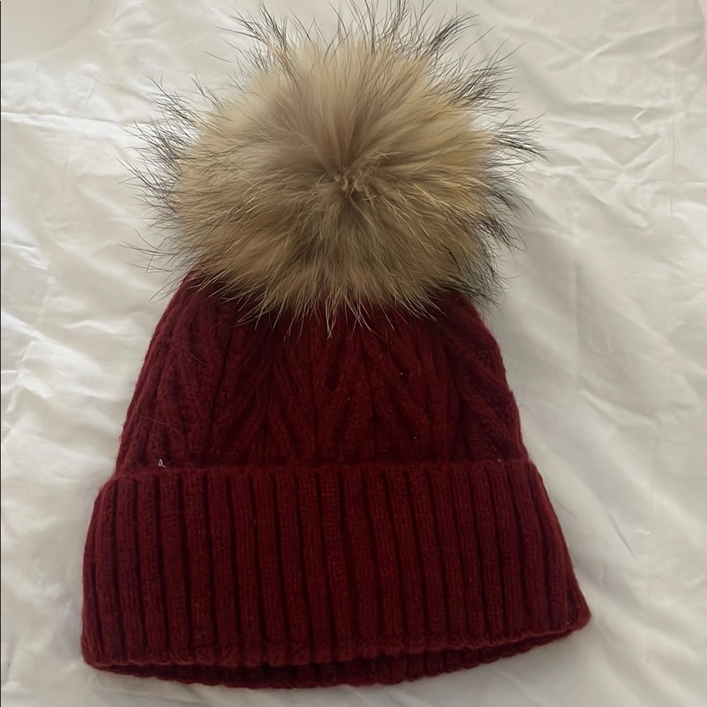 Burgundy Knit Beanie with Faux Fur Pom
